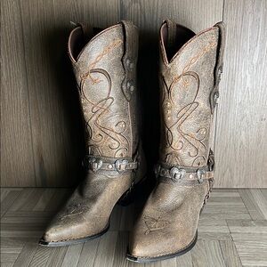 Durango Brown Western Heeled Boots with Heart Concho Harness